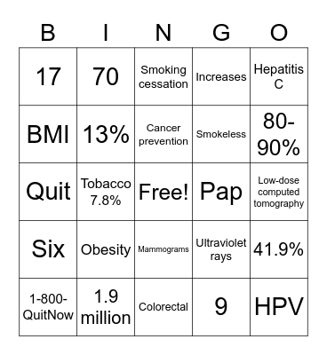 Cancer Prevention Bingo Card