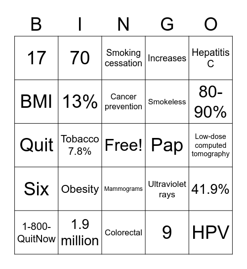 Cancer Prevention Bingo Card