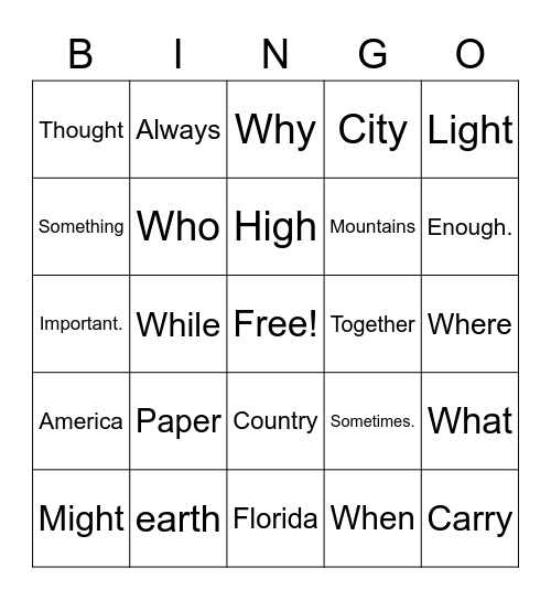 Jackson’s Bingo Card