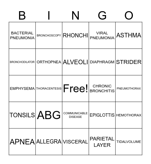Respiratory Review Bingo Card
