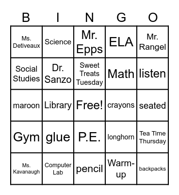 Back  to  School Bingo Card