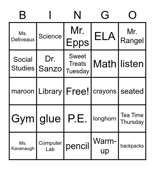 Back  to  School Bingo Card