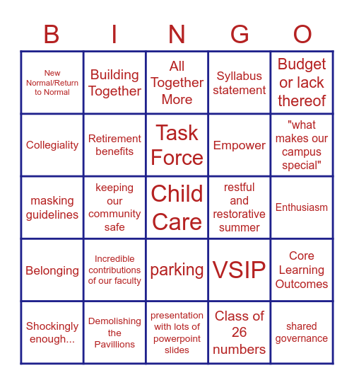 All Faculty Day 2022 Bingo Card