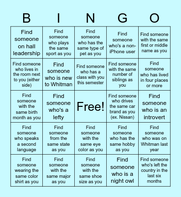 Whitman Bingo Card