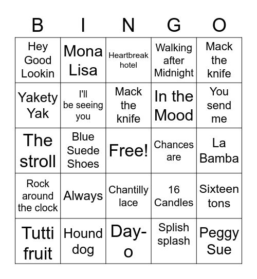 50s bingo Card