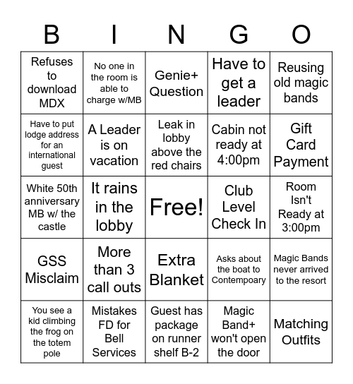 Wilderness Lodge Front Desk Bingo 2 5 Bingo Card