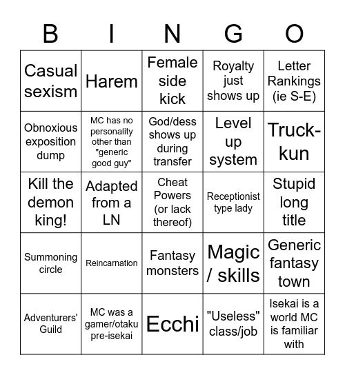 Isekai Bingo Card