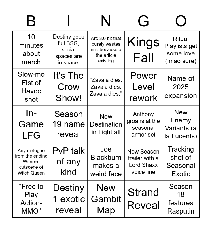 Destiny 2 Showcase Bingo Card