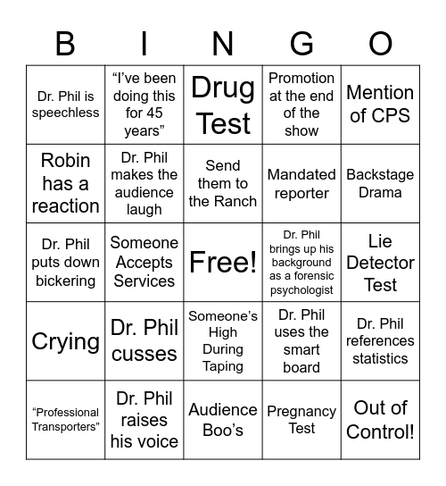 Dr. Phil Marathon Bingo Card