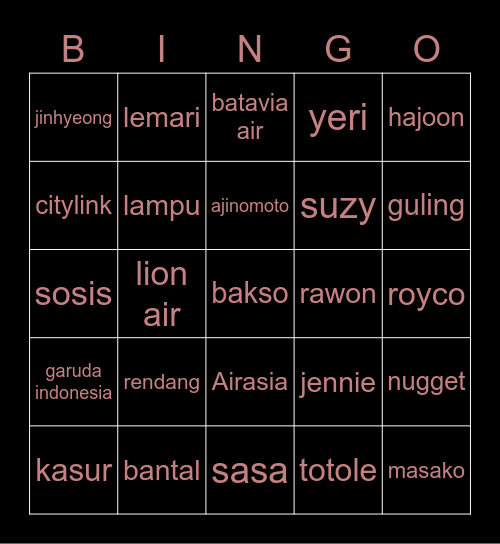 Punya Nangni Bingo Card