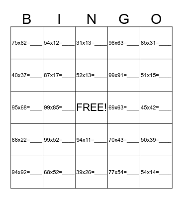 Multiplication Bingo Card