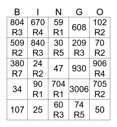 DIVISION BINGO Card