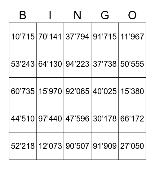 Zahlen bis 100'000 Bingo Card