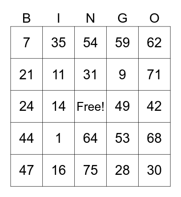 Kings Court Bingo Card