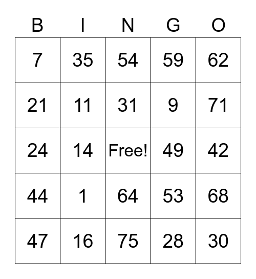Kings Court Bingo Card
