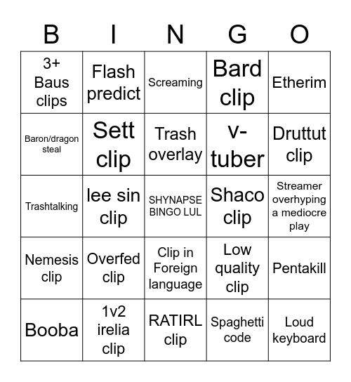 Shynapse bingo lul Bingo Card