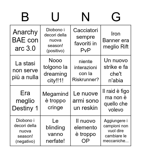 Destiny Reveal Bingo Card