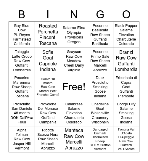 Cheese & Salumi Bingo Card