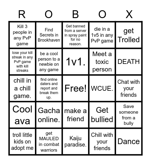 Roblox bingo Card