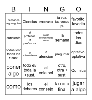 En el instituto Bingo Card