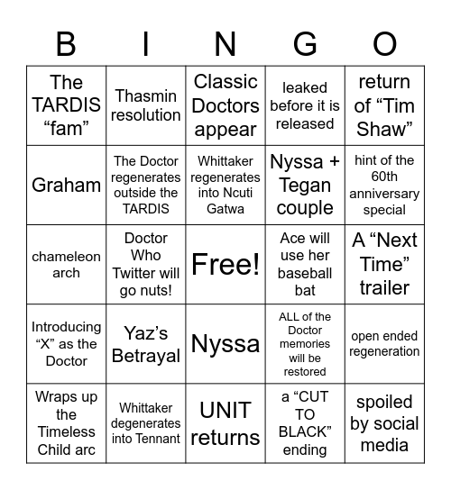 The BBC Centenary Special Bingo Card