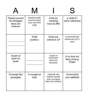 Trouver qqn qui - au passé Bingo Card