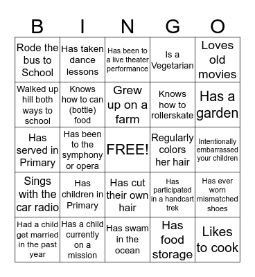 Relief Society Bingo Card