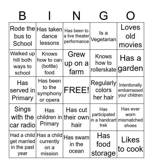 Relief Society Bingo Card