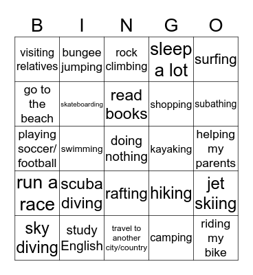 Summer Holiday Activities Bingo Card
