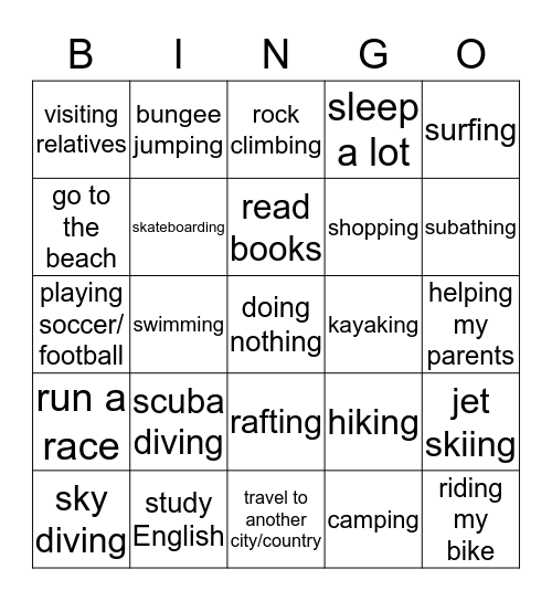Summer Holiday Activities Bingo Card