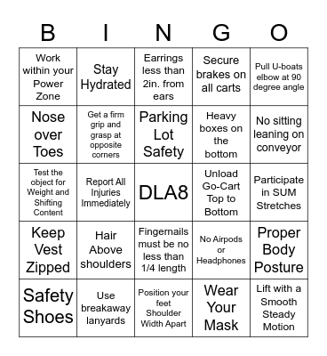 Safety Bingo Card