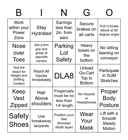 Safety Bingo Card