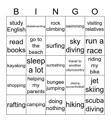 Summer Holiday Activities Bingo Card