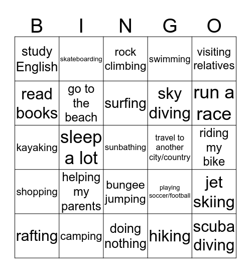 Summer Holiday Activities Bingo Card