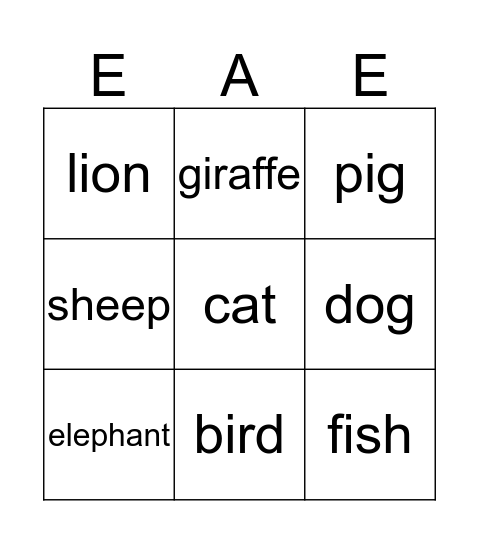 Animal Bingo Card