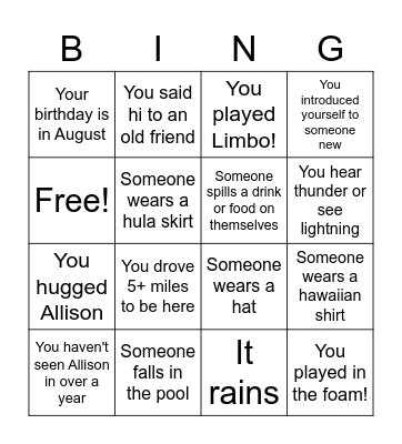 Luau Party Bingo! Bingo Card