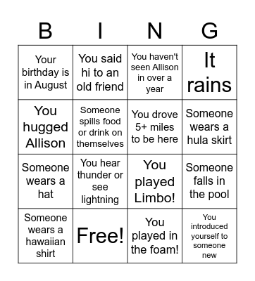Luau Party Bingo! Bingo Card