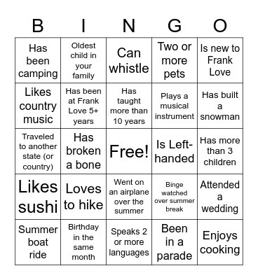 Welcome Back Bingo Card