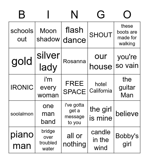 PEREGRINS PICKS! SUNDAY NIGHT ROCK N ROLL BINGO Card