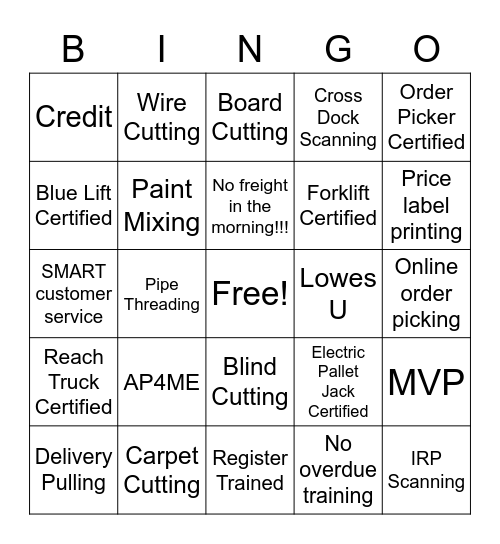 Lowe's Bingo Card