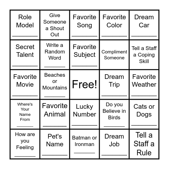 Phone Pass Bingo Card