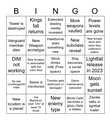Destiny 2 Showcase Bingo for the gents Bingo Card