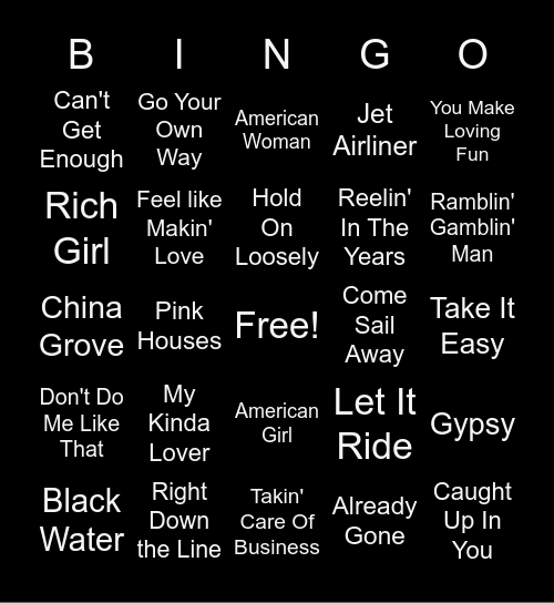 Classic Rock Music Bingo Card