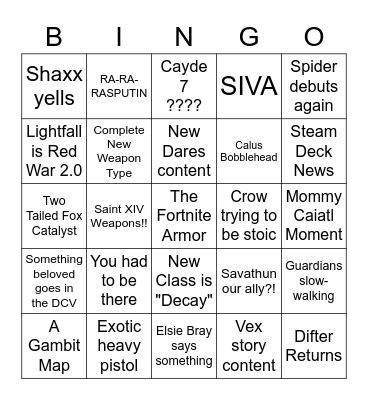 Renda's D2 Bingo Card