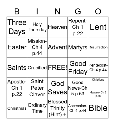 Religious Education Bingo  Bingo Card