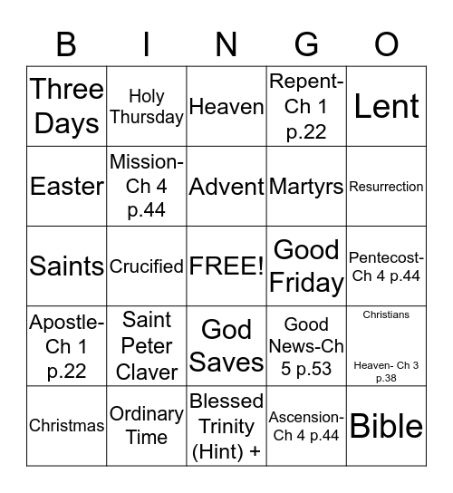 Religious Education Bingo  Bingo Card