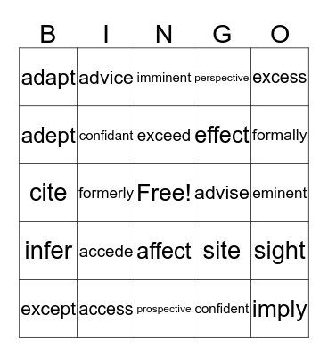 Commonly Confused and Misused Words Bingo Card