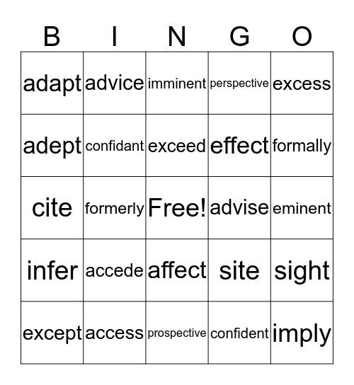 Commonly Confused and Misused Words Bingo Card