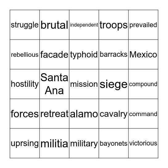 BATTLE of the ALAMO Bingo Card