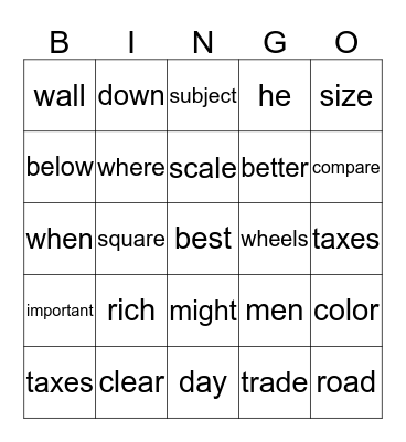 Form 2-5 Word Reading Bingo Card